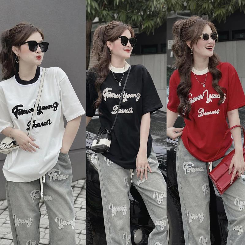 Áo thun nữ chữ nổi ngắn tay nhiều màu đen trắng đỏ Loan Định Chuyên Sỉ Lẻ LD1244