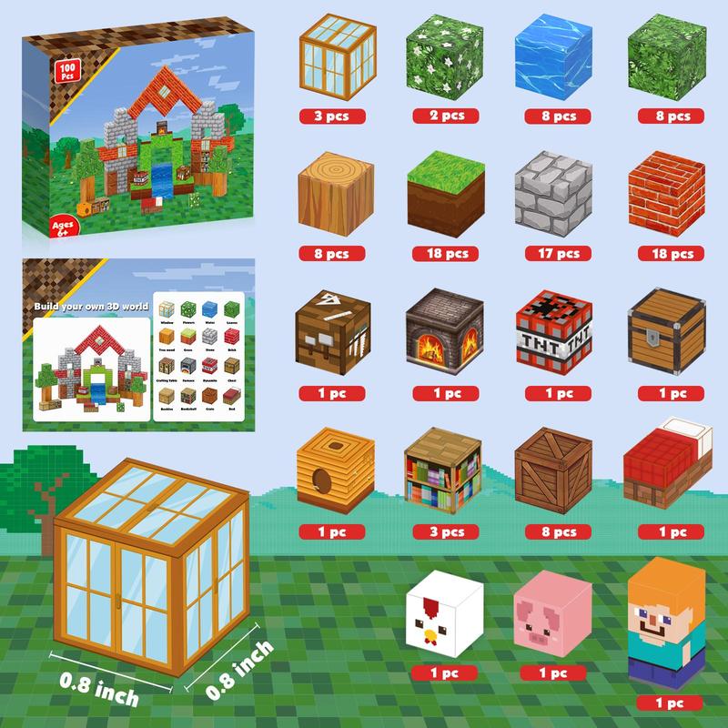 Magnetic Blocks-100PCS Magnetic Building Blocks Magnetic Tiles Stacking, Build Mine Magnet World Set, STEM Montessori Sensory Toys magnet blocks Cubes Creativity Outdoorfun minecraft magnetic blocks