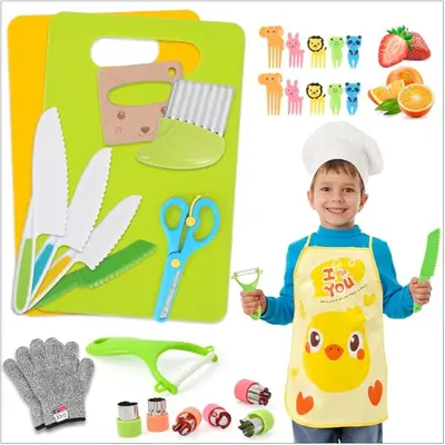 13 Pieces Montessori Kitchen Tools For Toddlers-Kids Cooking Sets Real-Toddler Safe Knives Set Real Plastic Toddler Crinkle Cutter Kids Cutting Board