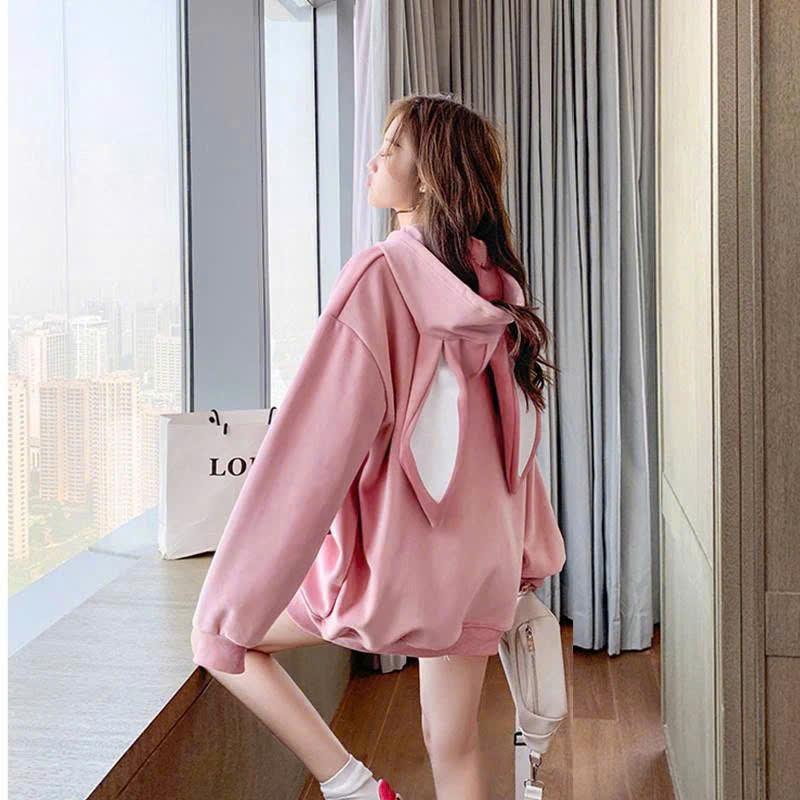 Áo khoác nữ chất nỉ ngoại tai thỏ hồng form rộng freesize m195