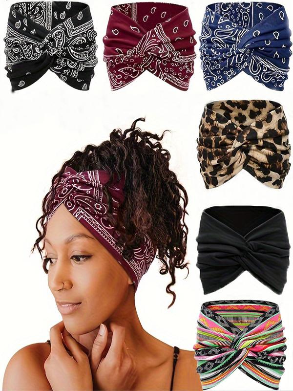 Boho Style Leopard & Paisley Print Hair Band, Girlfriend Gifts, Summer Outfits 2024 Non-slip Wide Elastic Hair Band, Knotted Headband Set, Fashion Hair Accessories for Women & Girls,  Headbands Women, Bandana, Workout Headband