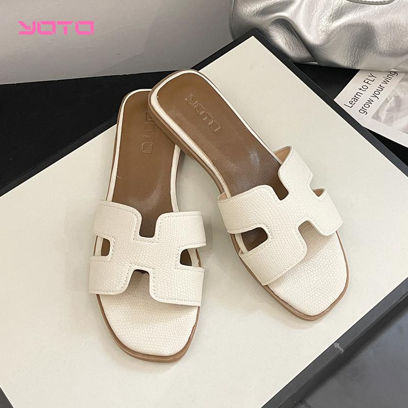 YOTO Ladies Slim Flat Flip flops Elegant Slides H Strap Leather Summer Beach Sandals Women Slippers