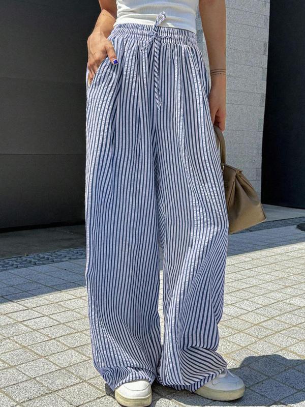Women's Striped Print Drawstring Waist Wide Leg Pants, Casual Fit Pocket Trousers for Daily Wear, Ladies Bottoms for All Seasons, Womenswear, Summer Clothes Women, Casual Loose Pocket, Casual Lounge Pants