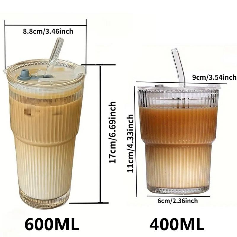 Large Capacity Striped Tumbler with Lid, 1/2 Counts Insulated Glass Cup, Reusable Glass Cup for Cold Drinks, Juices, Coffee, Summer Cool Bottle